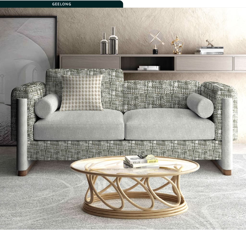 Premium upholstery fabrics in an elegant interior setting showcasing GFOAT quality